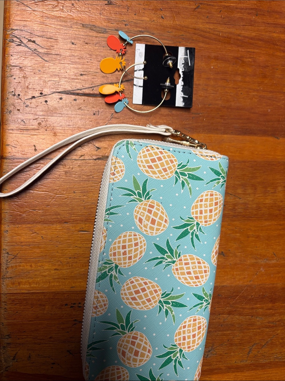 Amazon Pineapple Print Wristlet Wallet - Teal, Orange, AND pineapple earrings